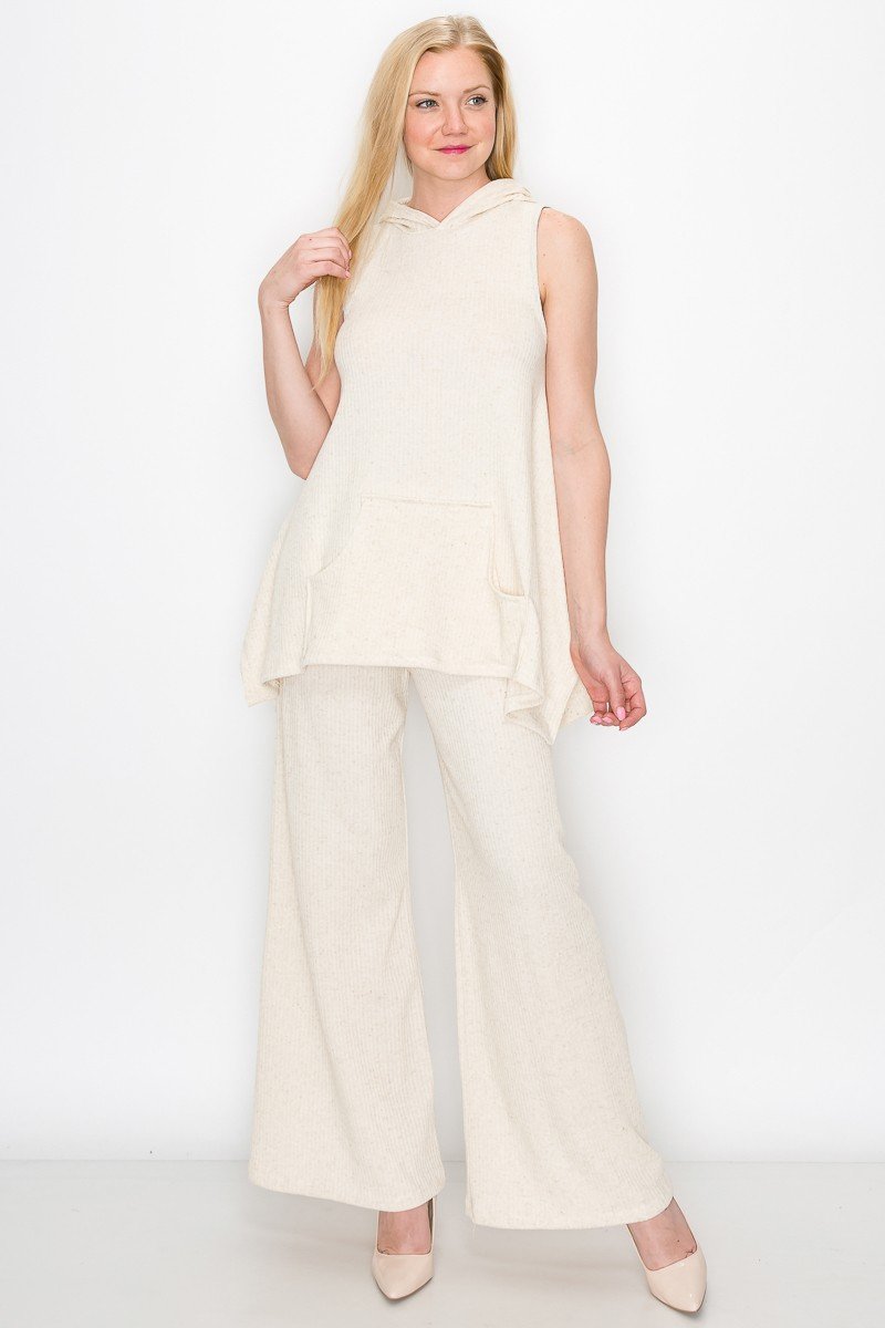 Sleeveless Hooded Top and Wide Leg Pants Set - Ivory