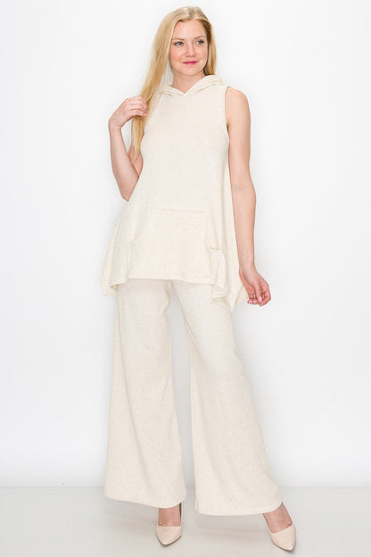 Sleeveless Hooded Top and Wide Leg Pants Set - Ivory