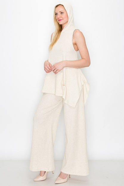 Sleeveless Hooded Top and Wide Leg Pants Set - Ivory