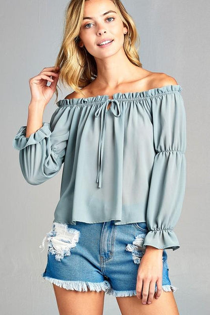 Puff Long Sleeve Ruffled Front Tie Off Shoulder Top