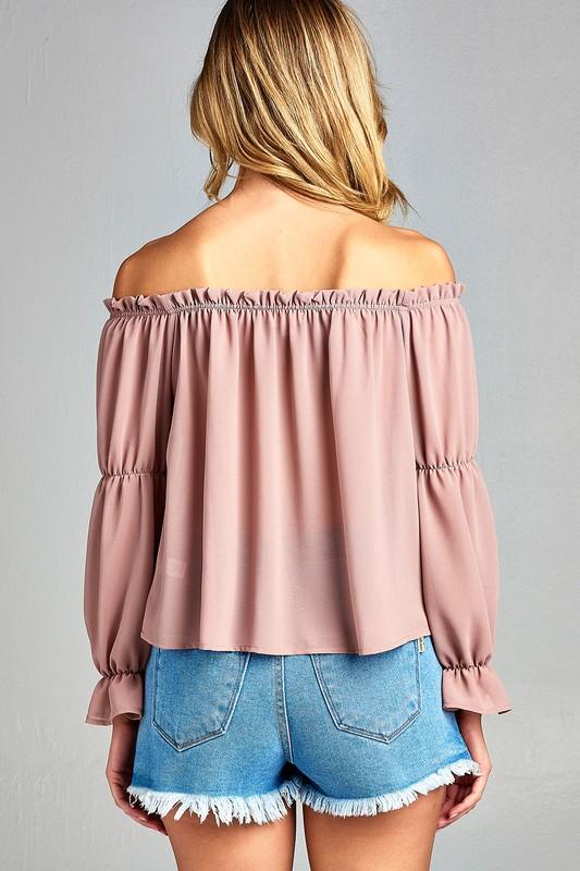 Puff Long Sleeve Ruffled Front Tie Off Shoulder Top