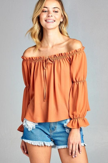 Puff Long Sleeve Ruffled Front Tie Off Shoulder Top