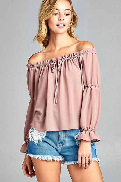 Puff Long Sleeve Ruffled Front Tie Off Shoulder Top