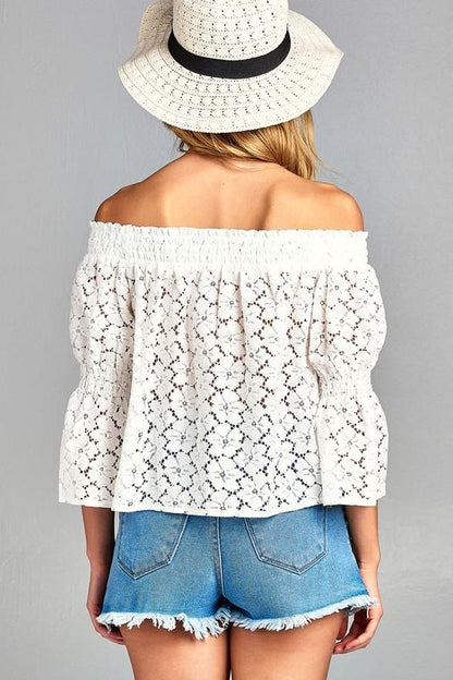 Three Quarter Long Sleeve Off Shoulder Floral Lace Top