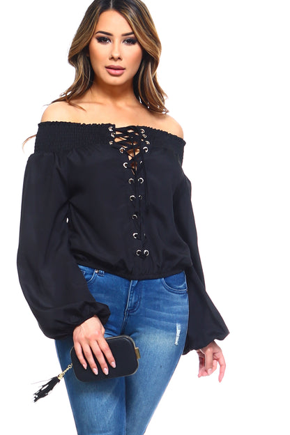 Lace-Up Off Shoulder Elastic Blouse