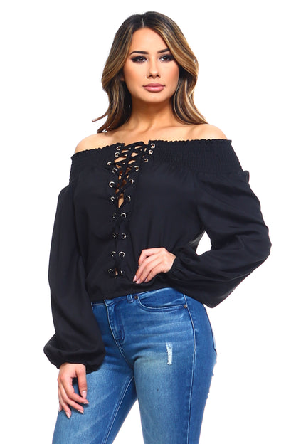 Lace-Up Off Shoulder Elastic Blouse