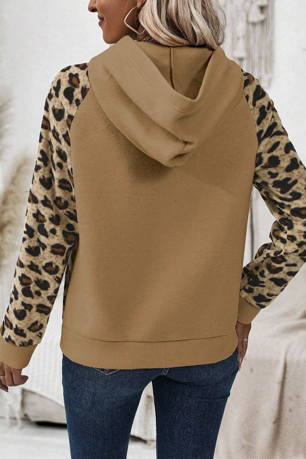 Light French Beige Leopard Print Patchwork Raglan Sleeve Half Buttons