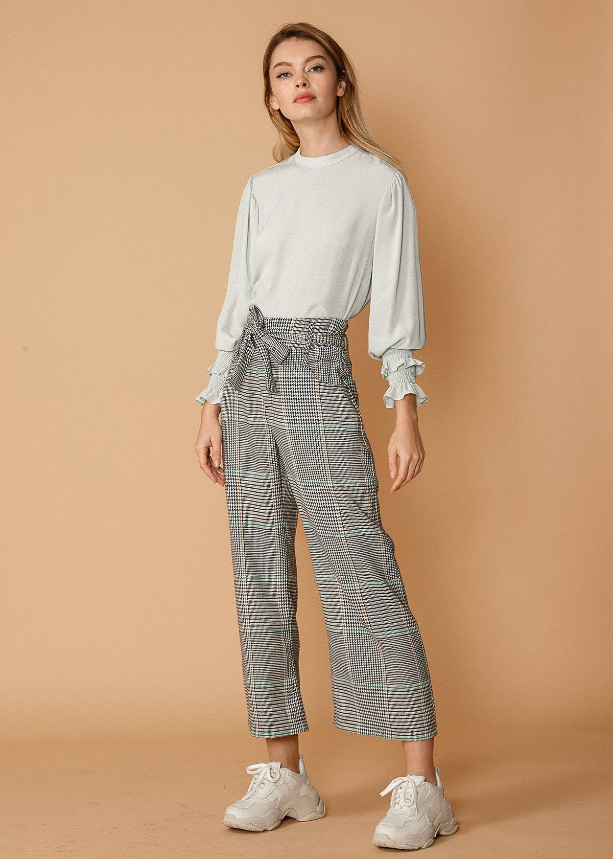 Plaid Tie Waist Cropped Pants in Fall Glen