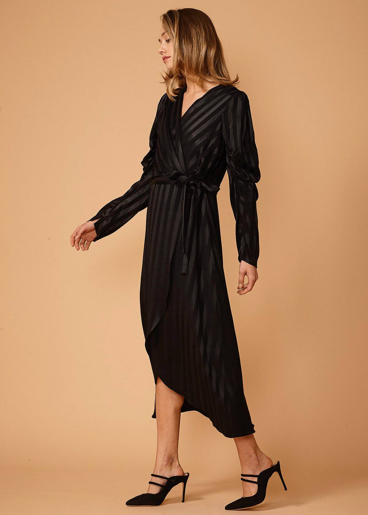 Puffy Shoulder Dress in Black Stripe