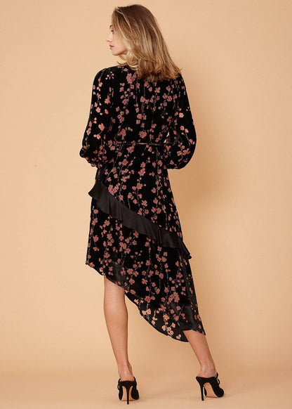 Velvet Asymmetric Wrap Dress in Falling Floral