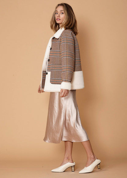 Plaid Fur Jacket in Rust Houndstooth