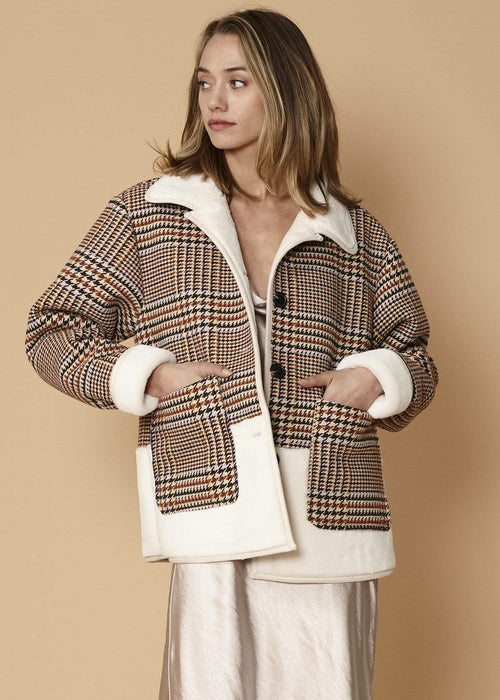 Plaid Fur Jacket in Rust Houndstooth