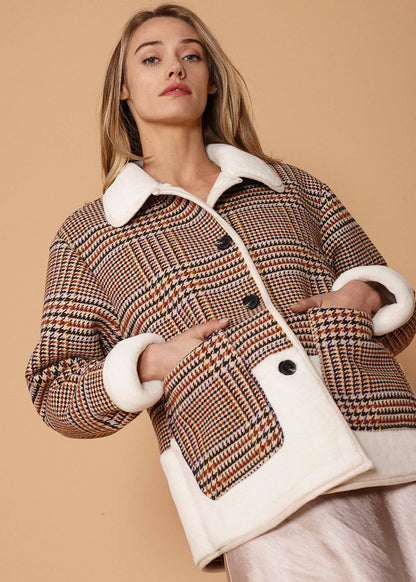 Plaid Fur Jacket in Rust Houndstooth