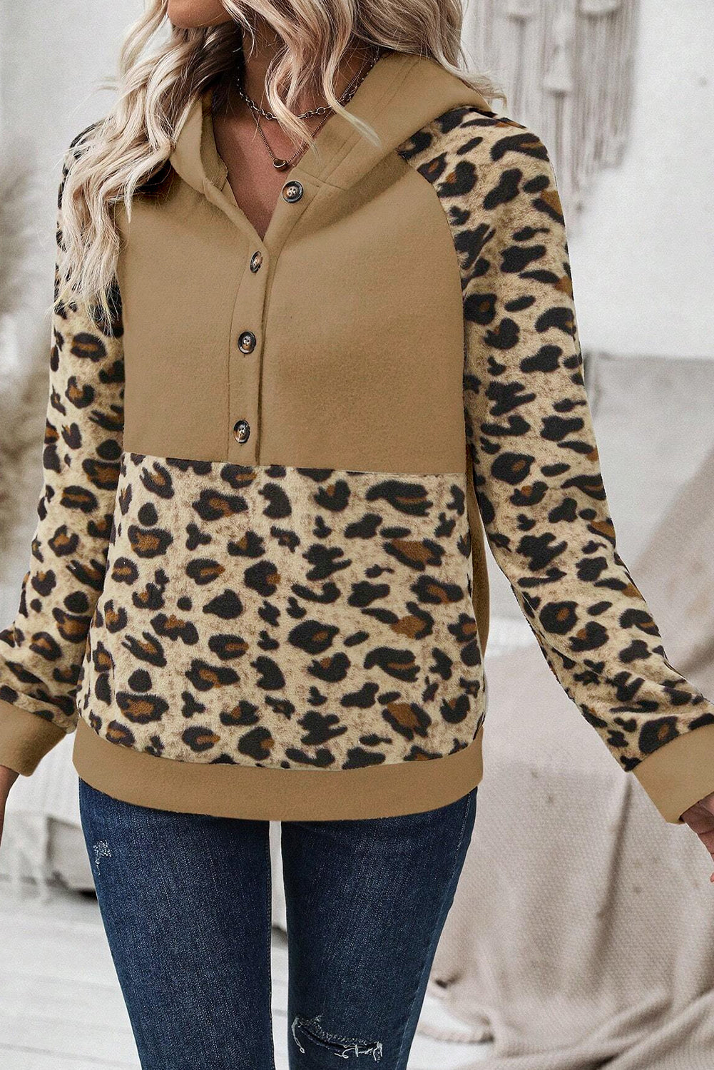 Light French Beige Leopard Print Patchwork Raglan Sleeve Half Buttons