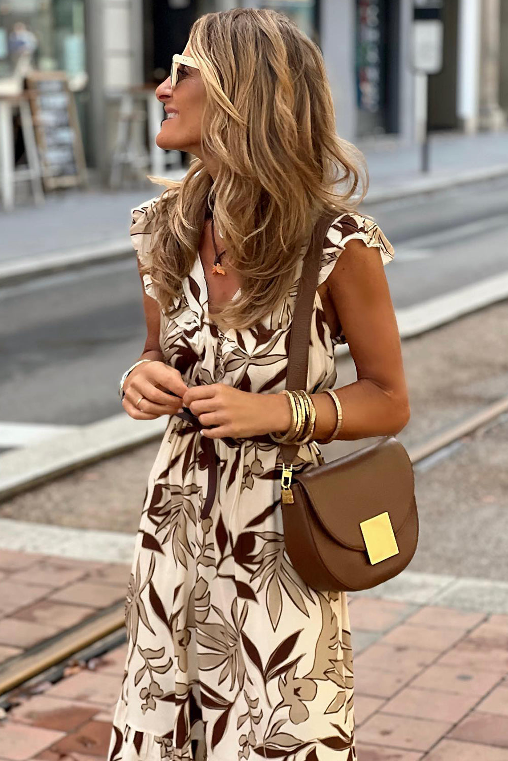 Brown Ruffled V Neck Dress