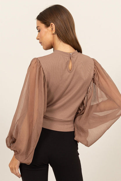 Sheer Sleeve Back Button Blouse