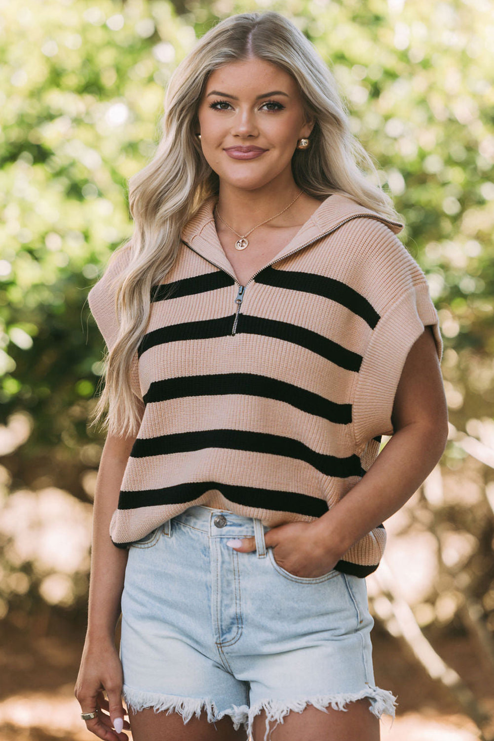 Khaki Stripe Zipped Collar Short Sleeve Sweater