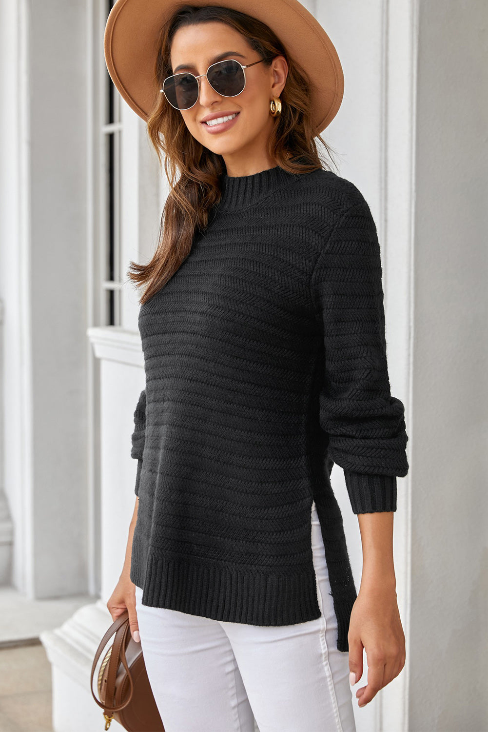 Black Textured Stand Collar Sweater