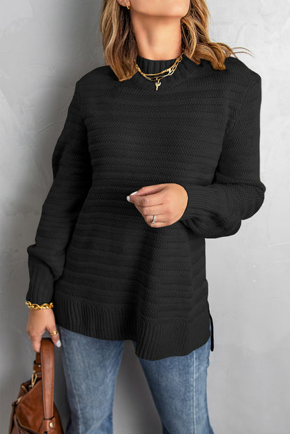 Black Textured Stand Collar Sweater