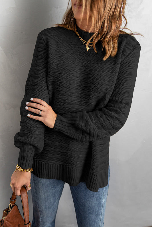 Black Textured Stand Collar Sweater