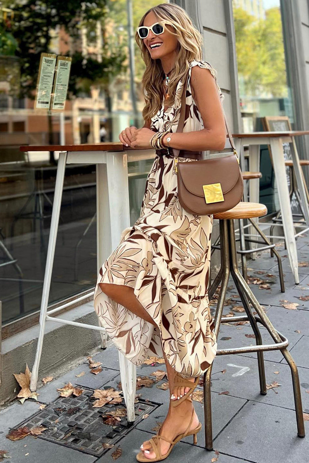 Brown Ruffled V Neck Dress