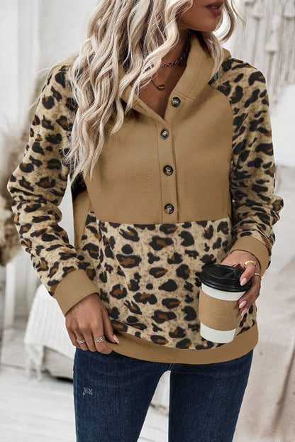 Light French Beige Leopard Print Patchwork Raglan Sleeve Half Buttons