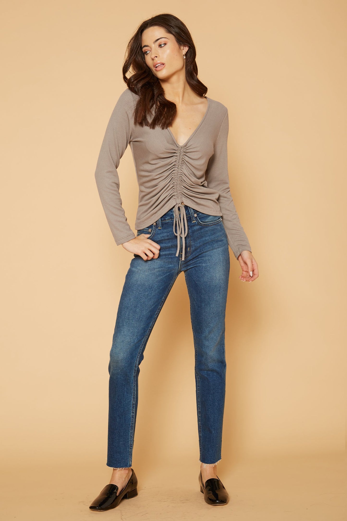 V-Neck Ruched Top in Coco