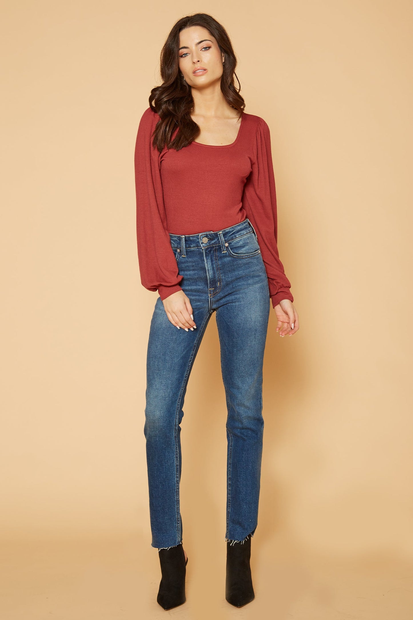 Square Neck Puff Long Sleeve Bodysuit in Brick