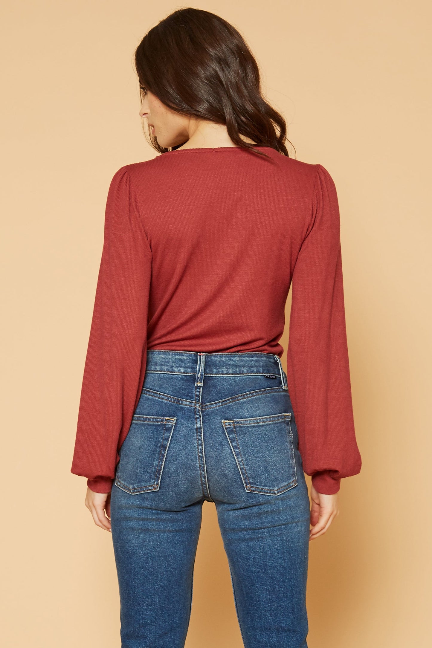 Square Neck Puff Long Sleeve Bodysuit in Brick