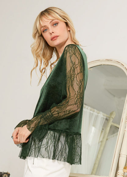 Long Sleeve Velvet Top With Lace Trim in Green