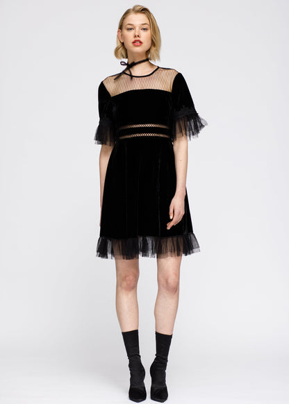 Mesh Contrast Velvet Dress In Black