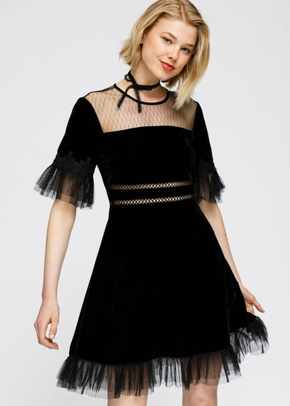 Mesh Contrast Velvet Dress In Black