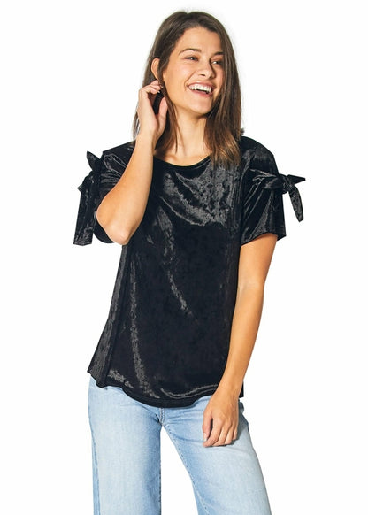 Crushed Velvet Tie Sleeve Tee in Black