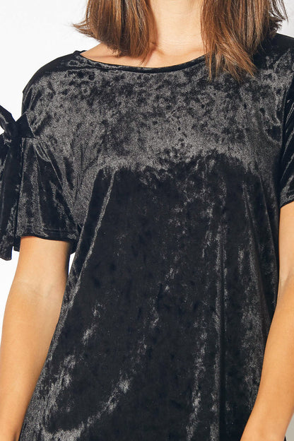 Crushed Velvet Tie Sleeve Tee in Black