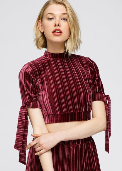 Mock-Neck Velvet Crop Top In Mulberry