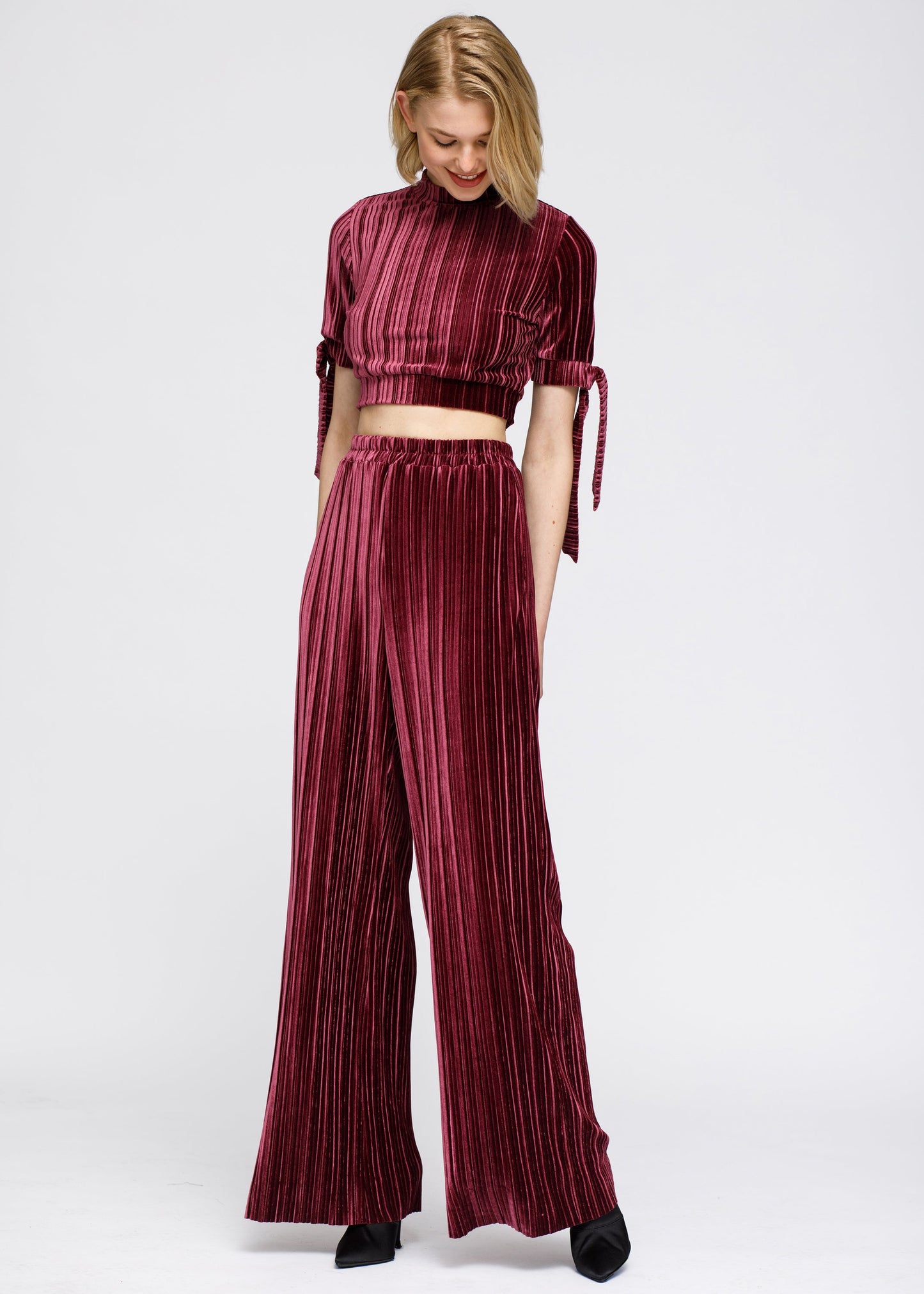 Velvet Wide Leg High Waist Pants In Mulberry