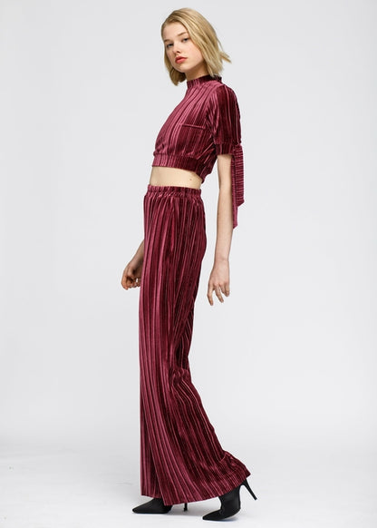 Velvet Wide Leg High Waist Pants In Mulberry