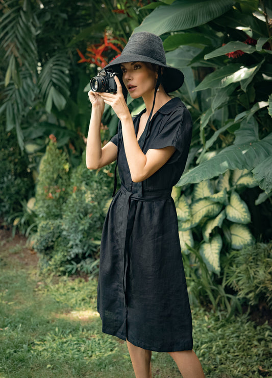 ARYA Safari Linen Midi Dress, in Black