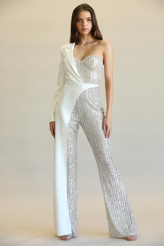 Evolet - Striped Sequin + Solid Stretch Woven Fabric Combo Jumpsuit