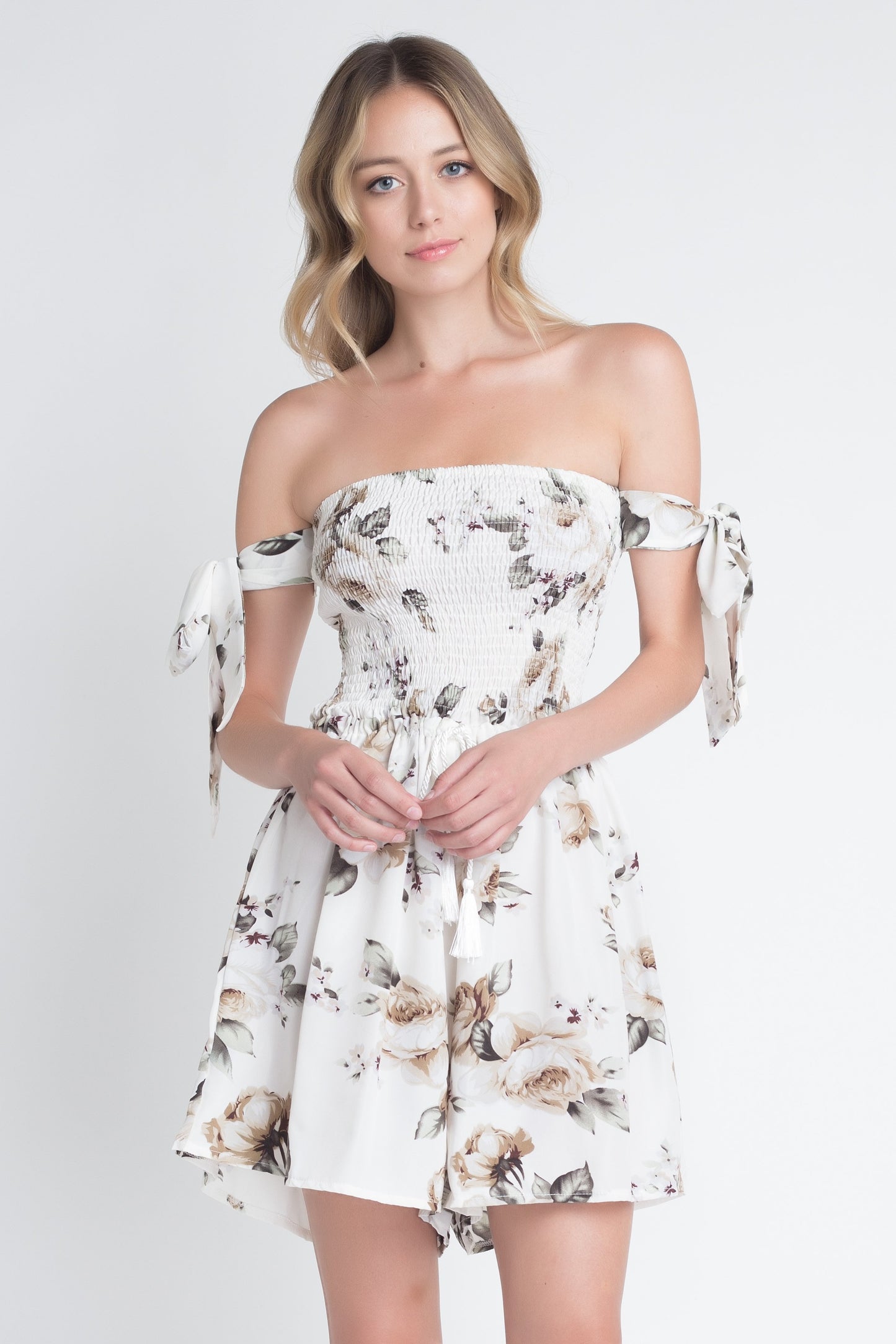 Off Shoulder Smocked Floral Tie Romper