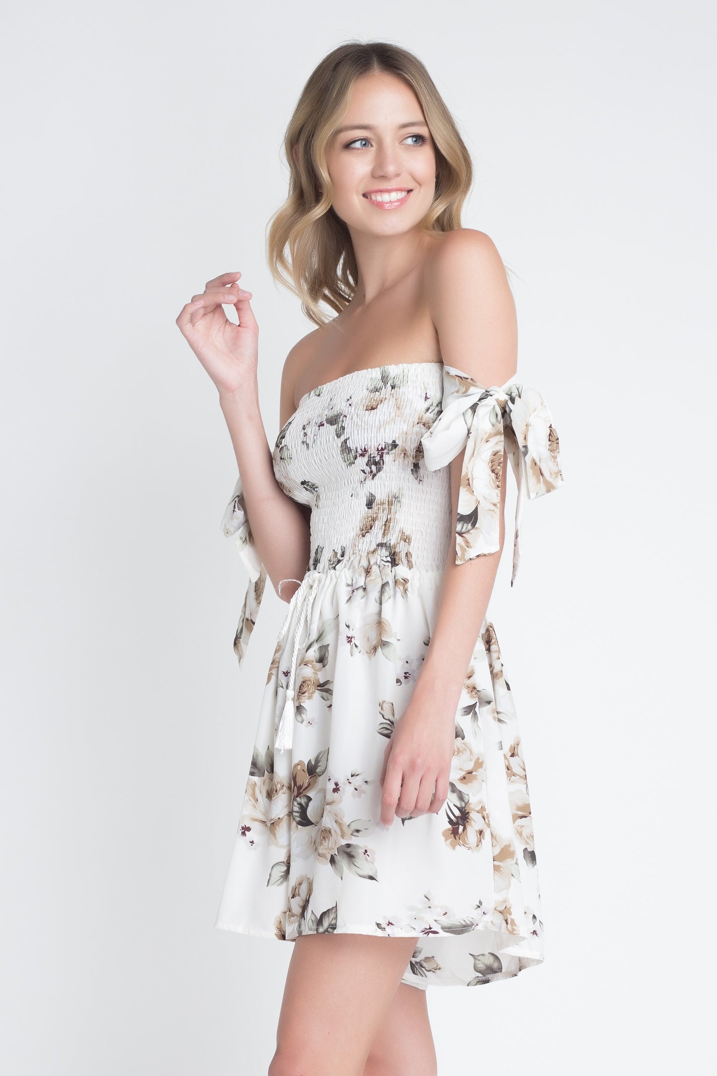 Off Shoulder Smocked Floral Tie Romper