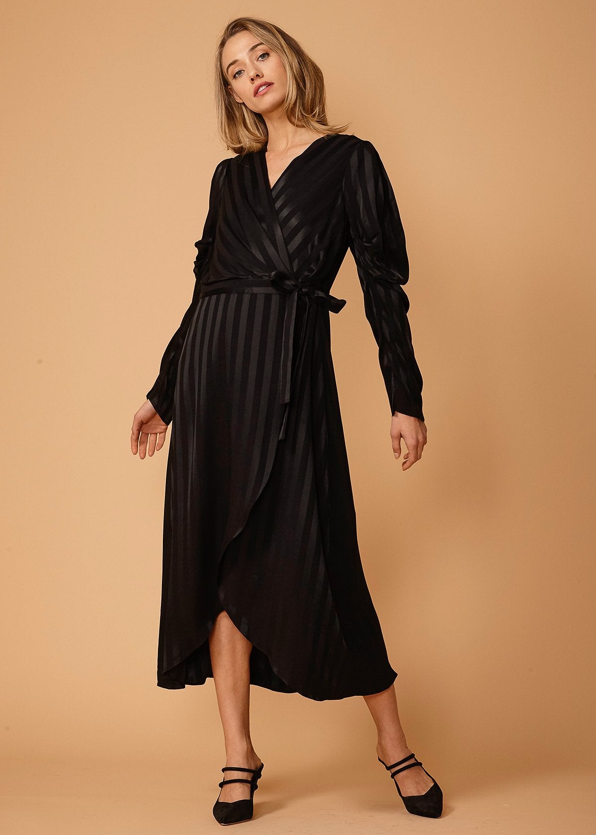 Puffy Shoulder Dress in Black Stripe