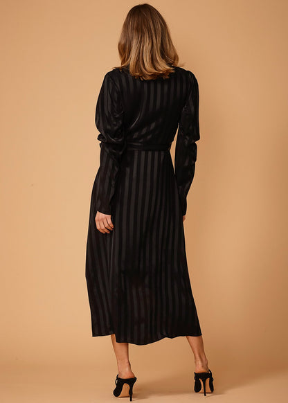 Puffy Shoulder Dress in Black Stripe