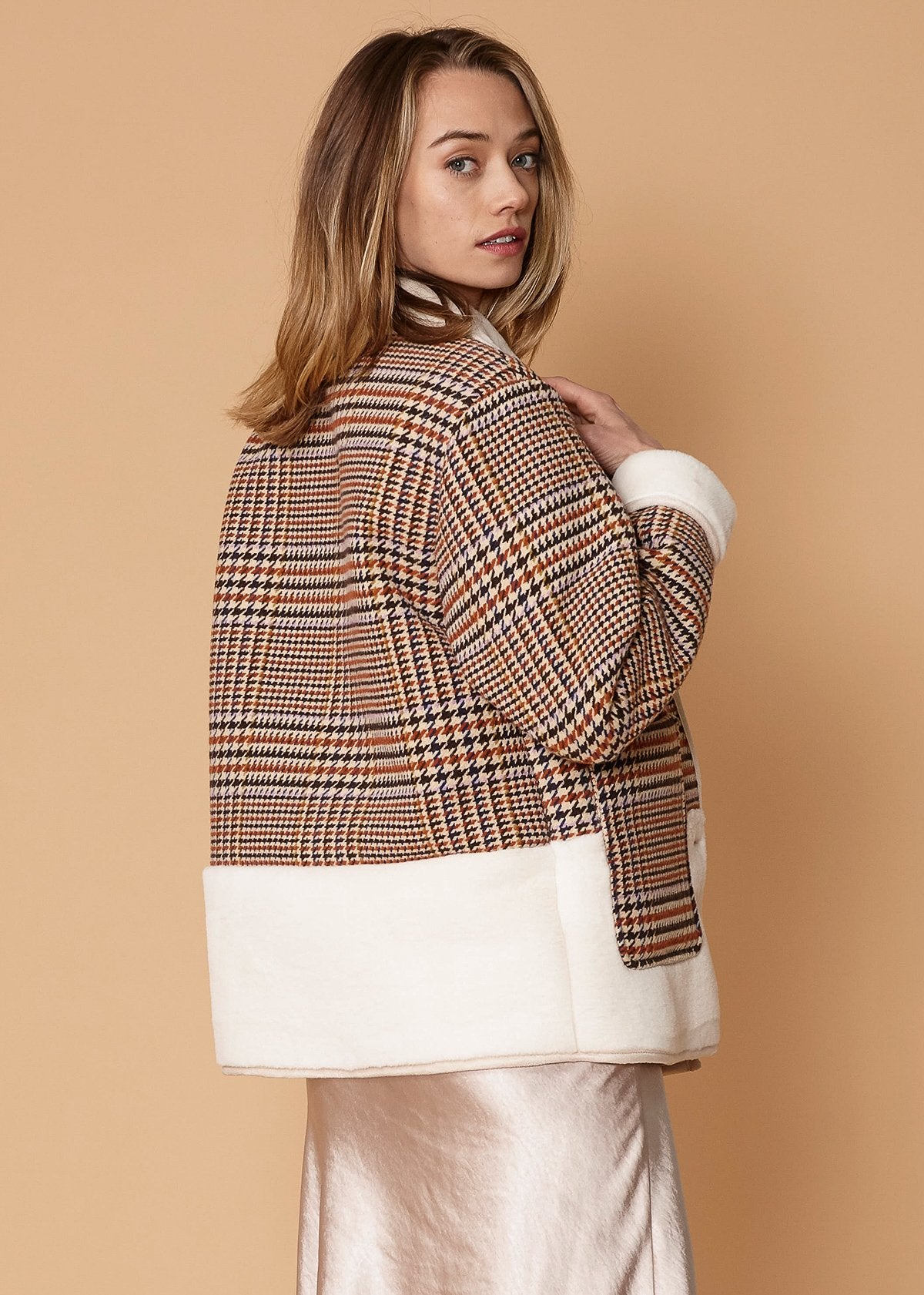 Plaid Fur Jacket in Rust Houndstooth