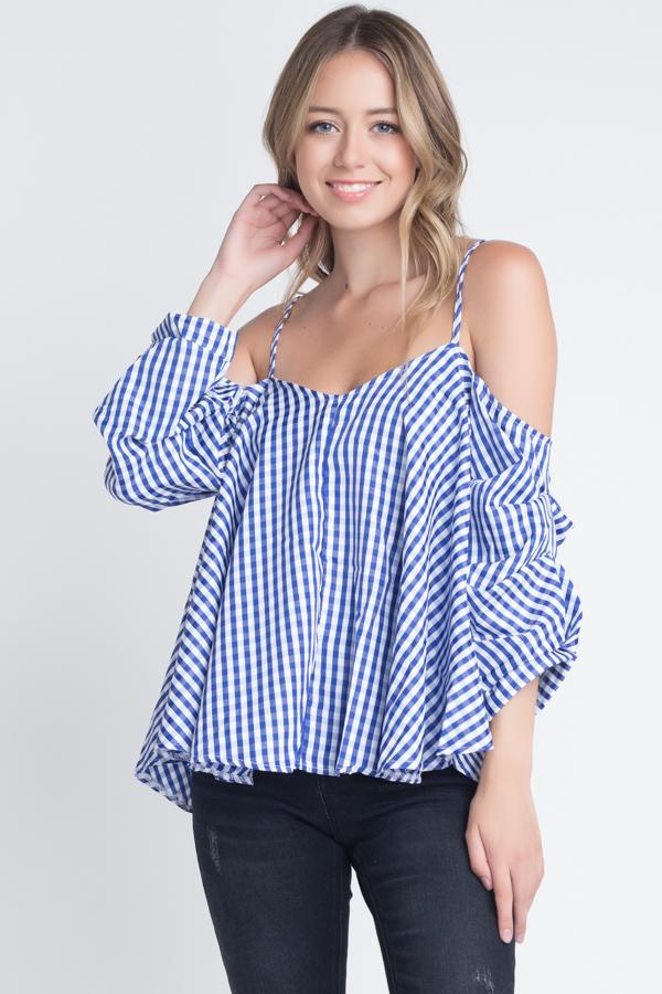 Cold Shoulder Checkered Top