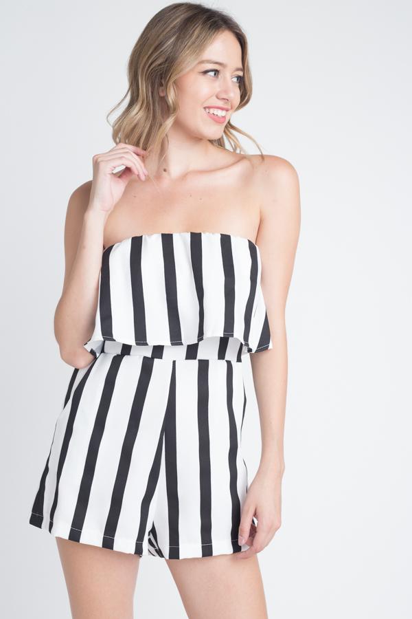 Strapless Stripe Pocket Romper