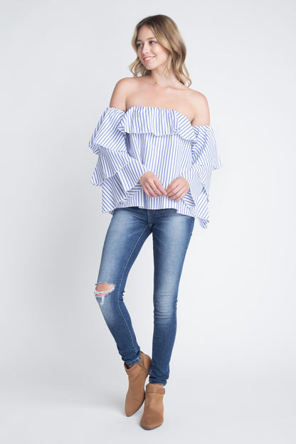 Off Shoulder Stripe Ruffle Long Sleeve Top