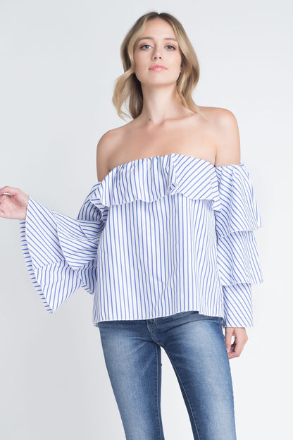 Off Shoulder Stripe Ruffle Long Sleeve Top