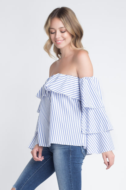 Off Shoulder Stripe Ruffle Long Sleeve Top