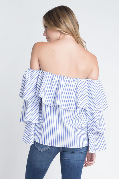 Off Shoulder Stripe Ruffle Long Sleeve Top